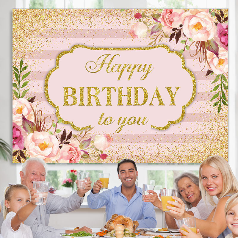 Lofaris Pink Floral and Gold Glitter Happy Birthday Backdrop