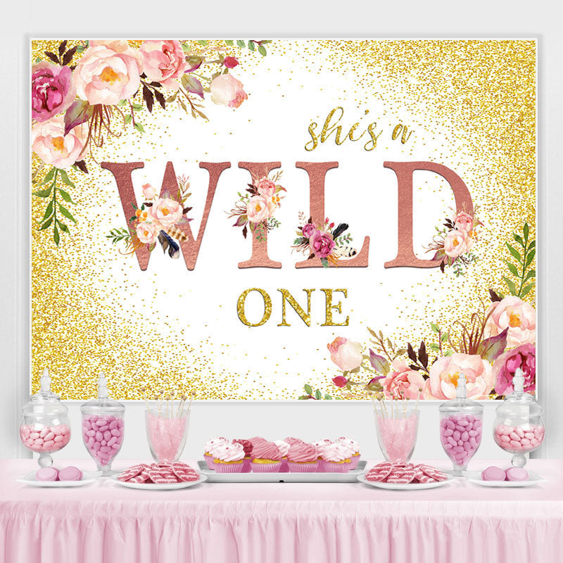 Lofaris Pink Floral And Gold Glitter Wild One Birthday Backdrop
