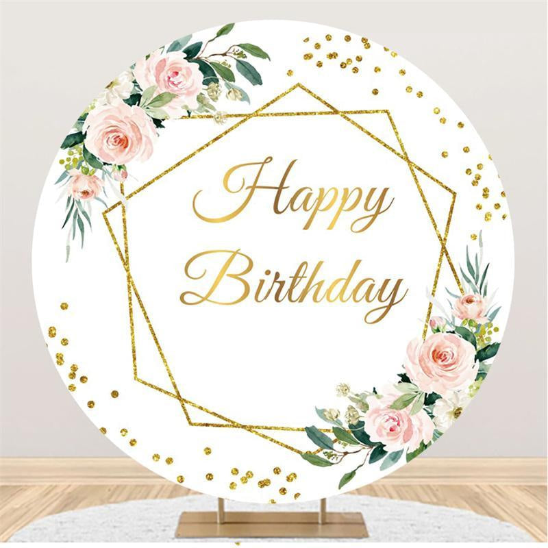 Lofaris Pink Floral And Gold Happy Birthday Round Backdrop