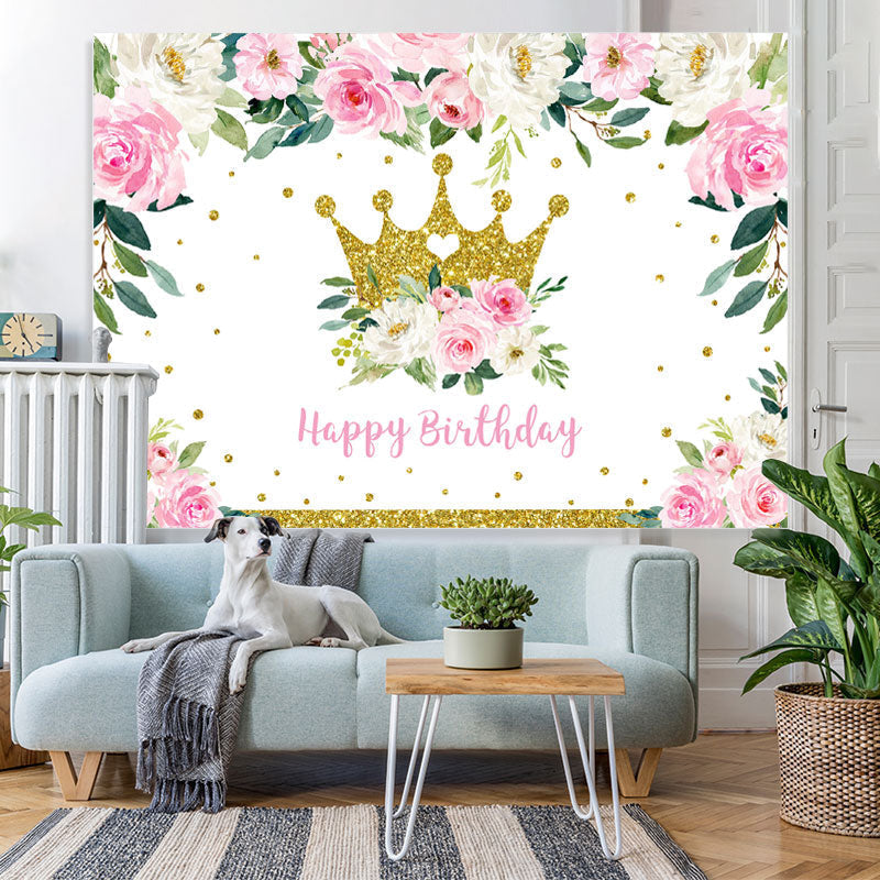 Lofaris Pink Floral and Golden Crown Happy Backdrop for Girl
