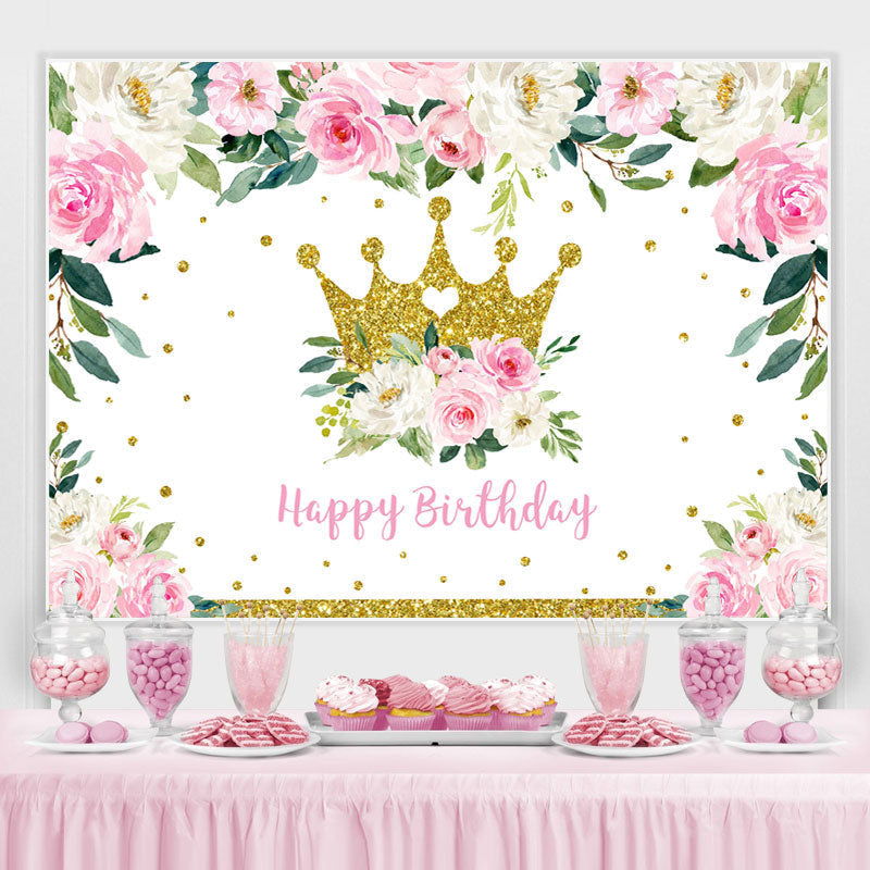 Lofaris Pink Floral and Golden Crown Happy Backdrop for Girl
