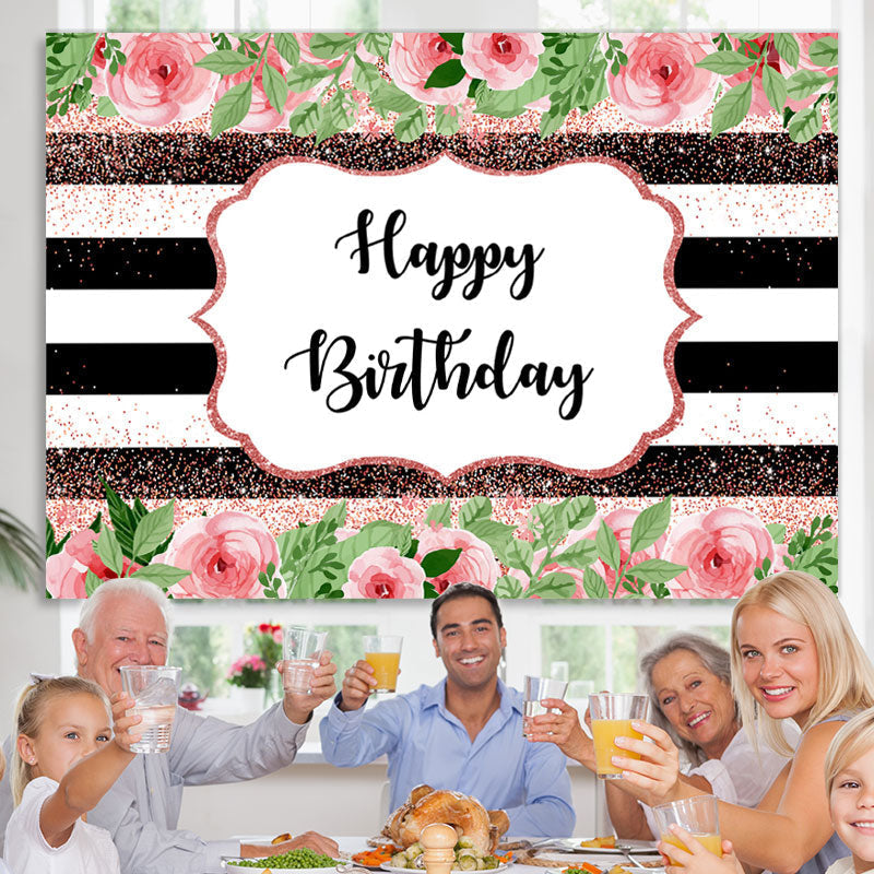 Lofaris Pink Floral And Green Leaves Glitter Birthday Backdrop