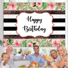 Lofaris Pink Floral And Green Leaves Glitter Birthday Backdrop