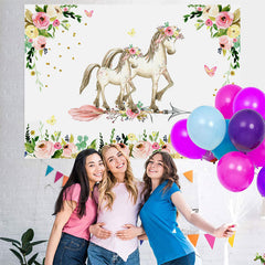 Lofaris Pink Floral And Horse Baby Shower Backdrop For Girl