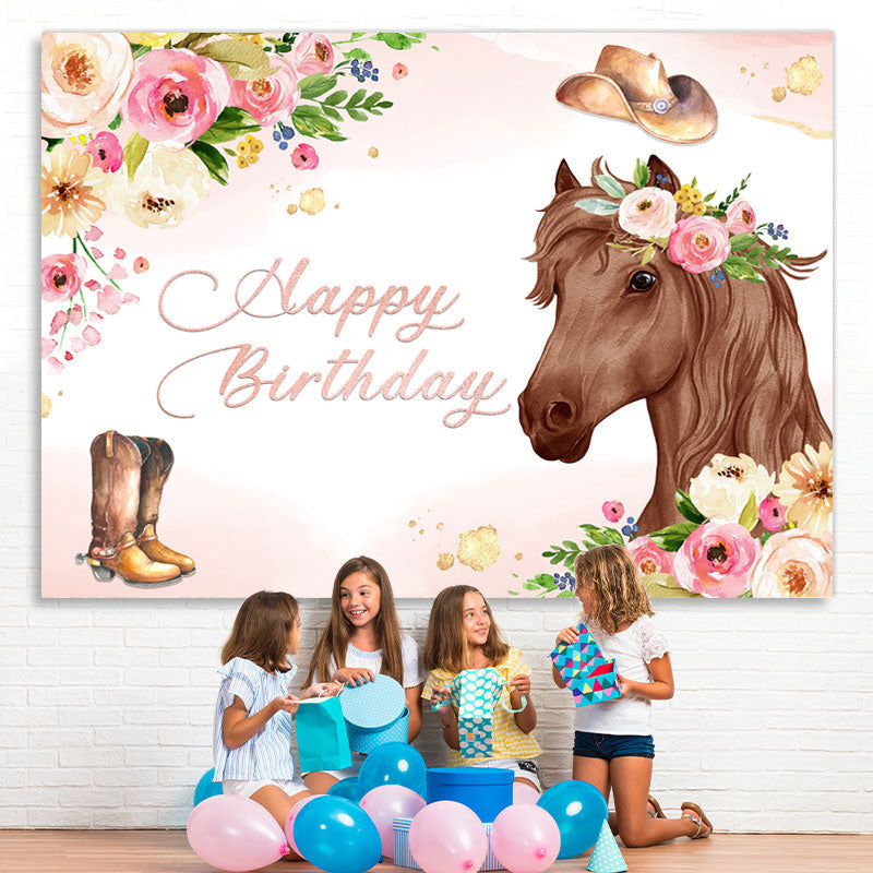 Lofaris Pink Floral and Horse Cowboy Themed Birthday Backdrop