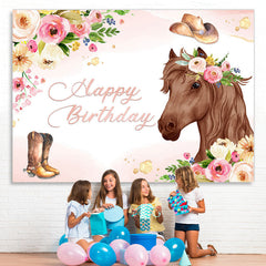 Lofaris Pink Floral and Horse Cowboy Themed Birthday Backdrop