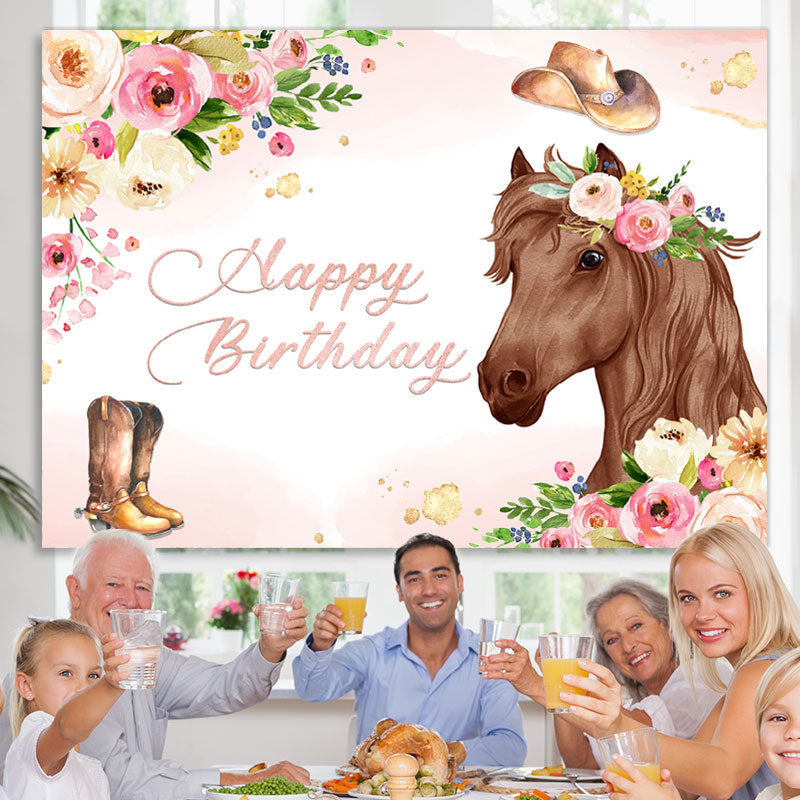 Lofaris Pink Floral and Horse Cowboy Themed Birthday Backdrop