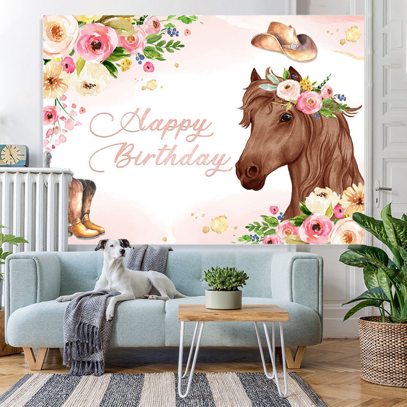 Lofaris Pink Floral and Horse Cowboy Themed Birthday Backdrop