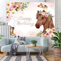 Lofaris Pink Floral and Horse Cowboy Themed Birthday Backdrop