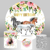 Lofaris Pink Floral And Horse Round Happy Birthday Backdrop
