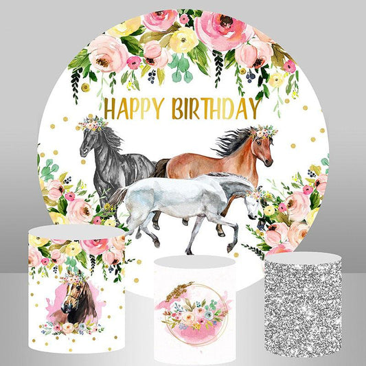 Lofaris Pink Floral And Horse Round Happy Birthday Backdrop
