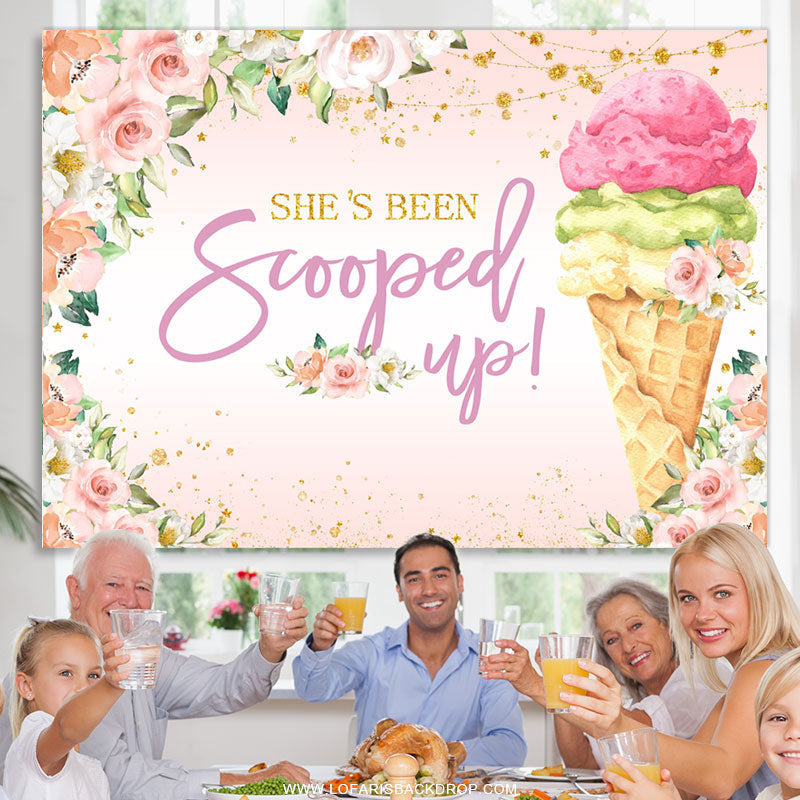 Lofaris Pink Floral And Ice Cream Glitter Happy Birthday Backdrop