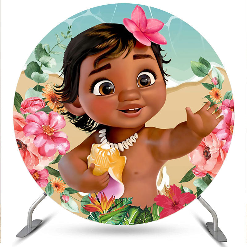 Lofaris Pink Floral And Little Girl Round Baby Shower Backdrop