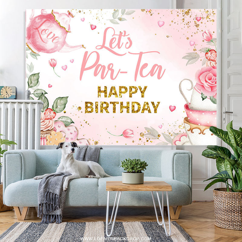 Lofaris Pink Floral And Love Tea Glitter Birthday Backdrop
