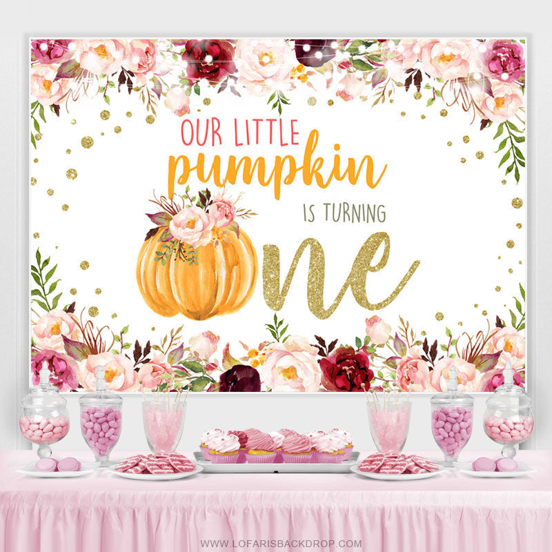 Lofaris Pink Floral And Pumpkin Glitter 1st Birthday Backdrop