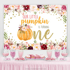 Lofaris Pink Floral And Pumpkin Glitter 1st Birthday Backdrop