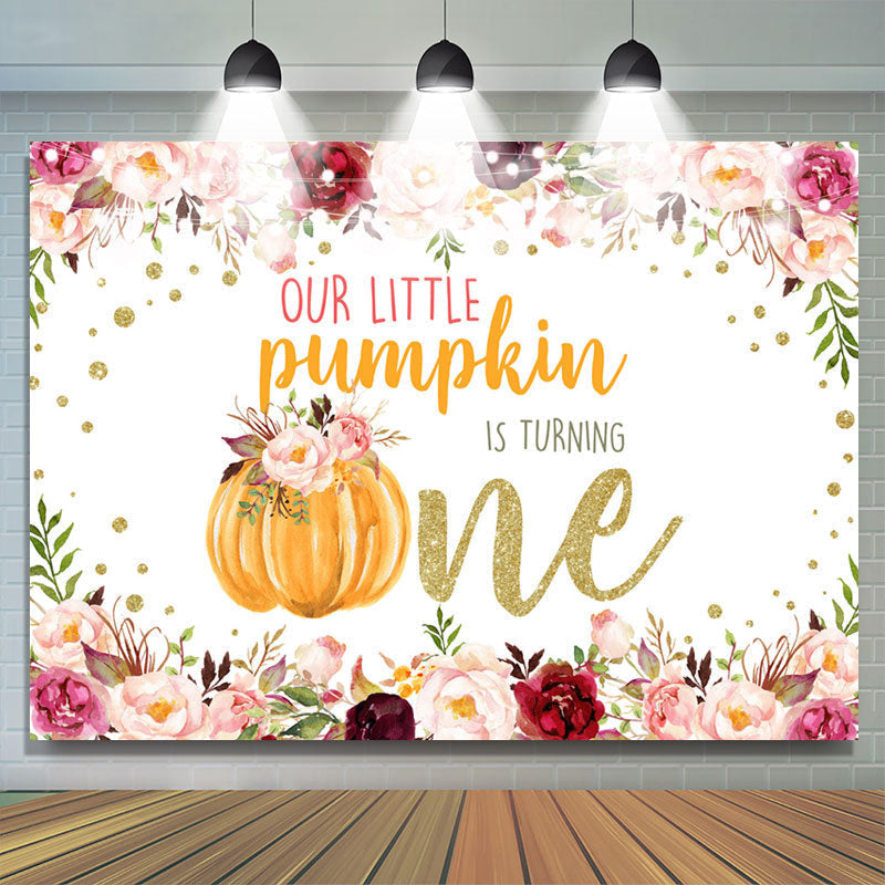 Lofaris Pink Floral And Pumpkin Glitter 1st Birthday Backdrop