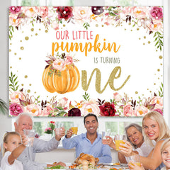 Lofaris Pink Floral And Pumpkin Glitter 1st Birthday Backdrop