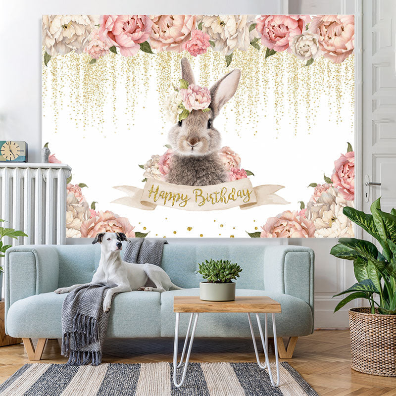 Lofaris Pink Floral And Rabbit Glitter Happy Birthday Backdrop