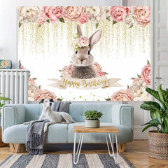 Lofaris Pink Floral And Rabbit Glitter Happy Birthday Backdrop