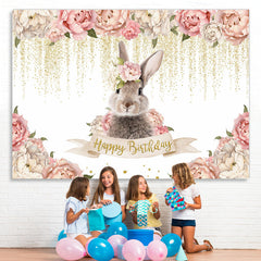 Lofaris Pink Floral And Rabbit Glitter Happy Birthday Backdrop