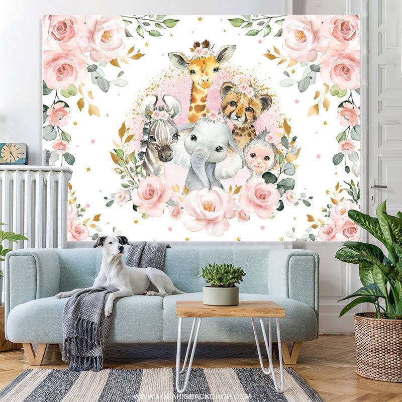 Lofaris Pink Floral And Safari Animals Baby Shower Backdrop