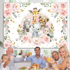 Lofaris Pink Floral And Safari Animals Baby Shower Backdrop