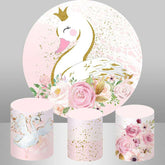 Lofaris Pink Floral And White Swan Round Girls Birthday Backdrop