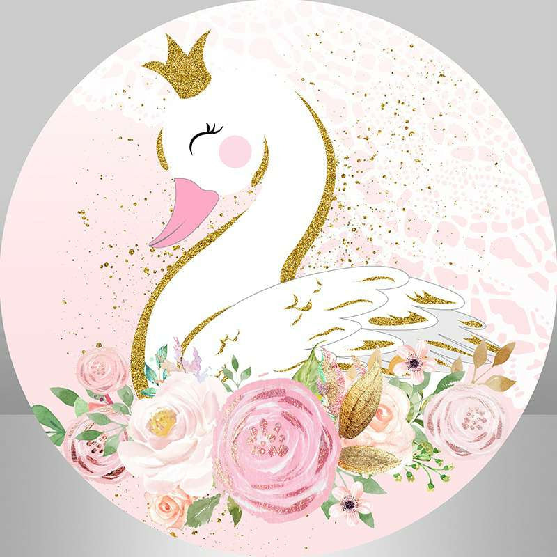 Lofaris Pink Floral And White Swan Round Girls Birthday Backdrop