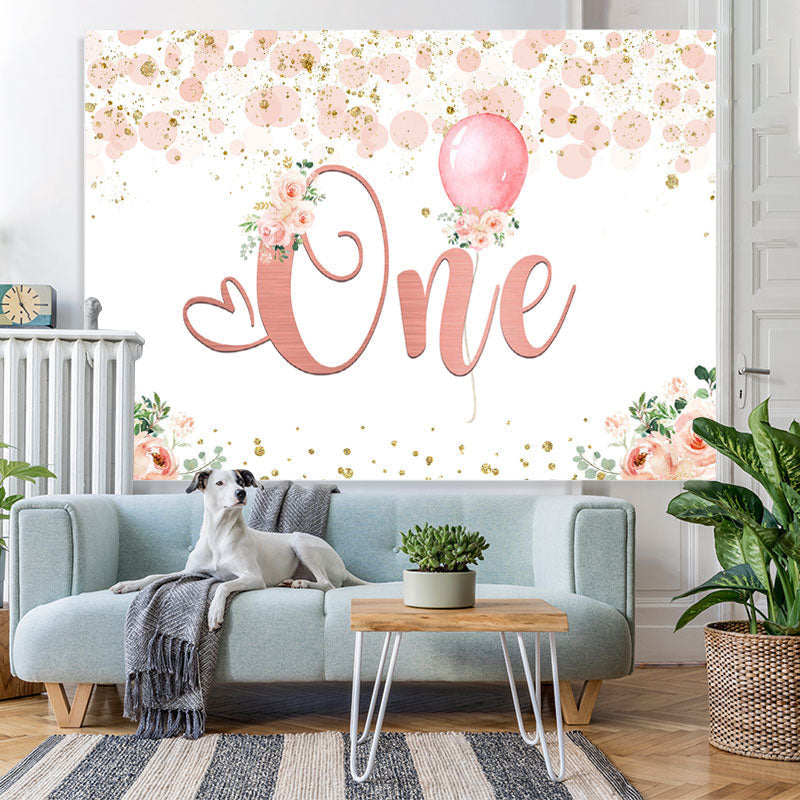 Lofaris Pink Floral Balloon 1st Birthday Backdrop for Girl