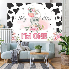 Lofaris Pink Floral Black White Holy Cow 1st Birthday Backdrop