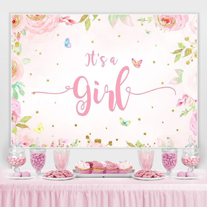 Lofaris Pink Floral Butterfly Baby Shower Backdrop For Girl
