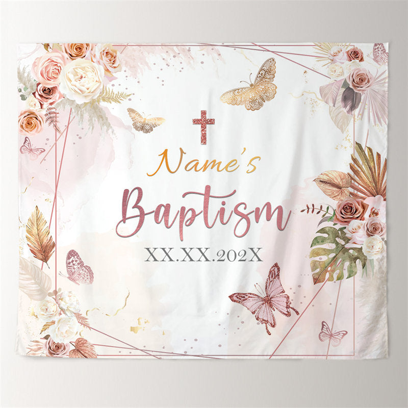 Lofaris Baby Girl Pink Floral Butterfly Baptism Decoration Backdrop