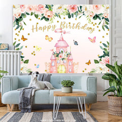 Lofaris Pink Floral Butterfly Castle Happy Birthday Backdrop