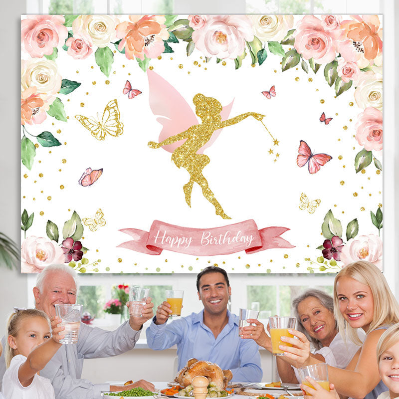 Lofaris Pink Floral Butterfly Fairy Happy Birthday Backdrop