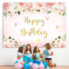 Lofaris Pink Floral Butterfly Glitter Happy Birthday Backdrop