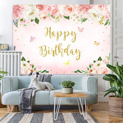 Lofaris Pink Floral Butterfly Glitter Happy Birthday Backdrop