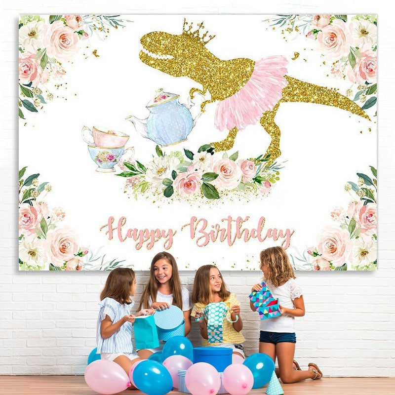 Lofaris Pink Floral Dinosaur Birthday Photoshoot Backdrop