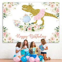Lofaris Pink Floral Dinosaur Birthday Photoshoot Backdrop