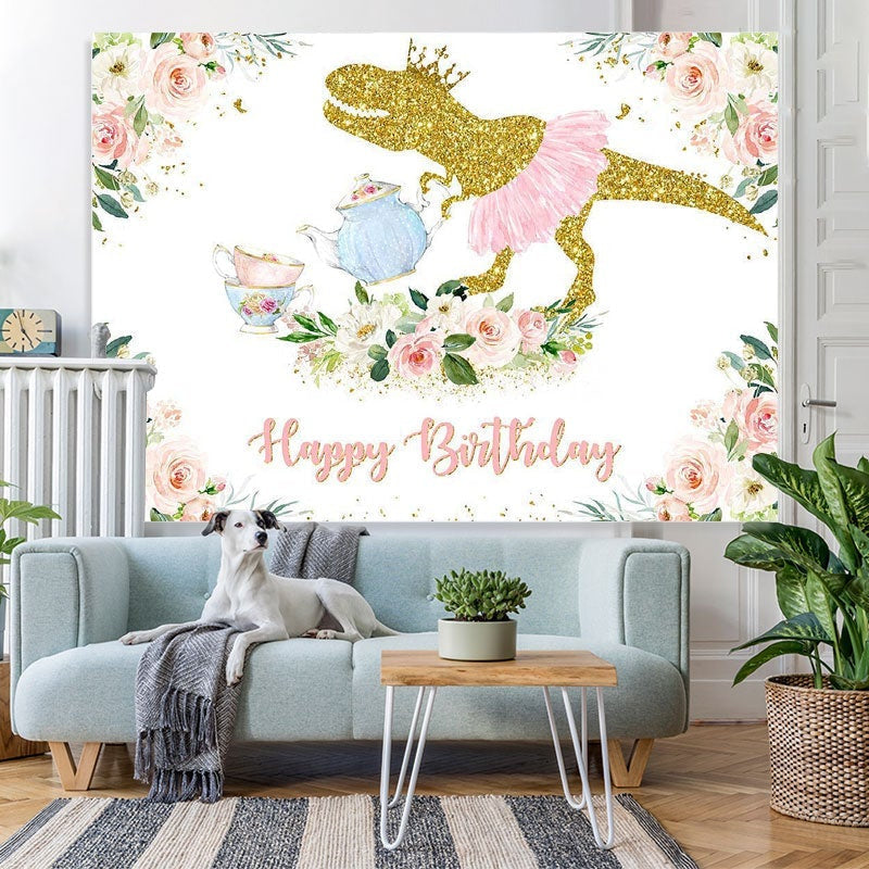 Lofaris Pink Floral Dinosaur Birthday Photoshoot Backdrop