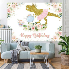 Lofaris Pink Floral Dinosaur Birthday Photoshoot Backdrop
