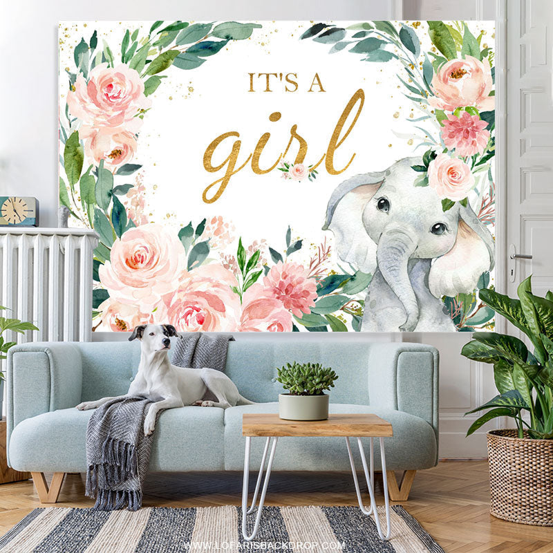 Lofaris Pink Floral Elephant Its A Girl Baby Shower Backdrop