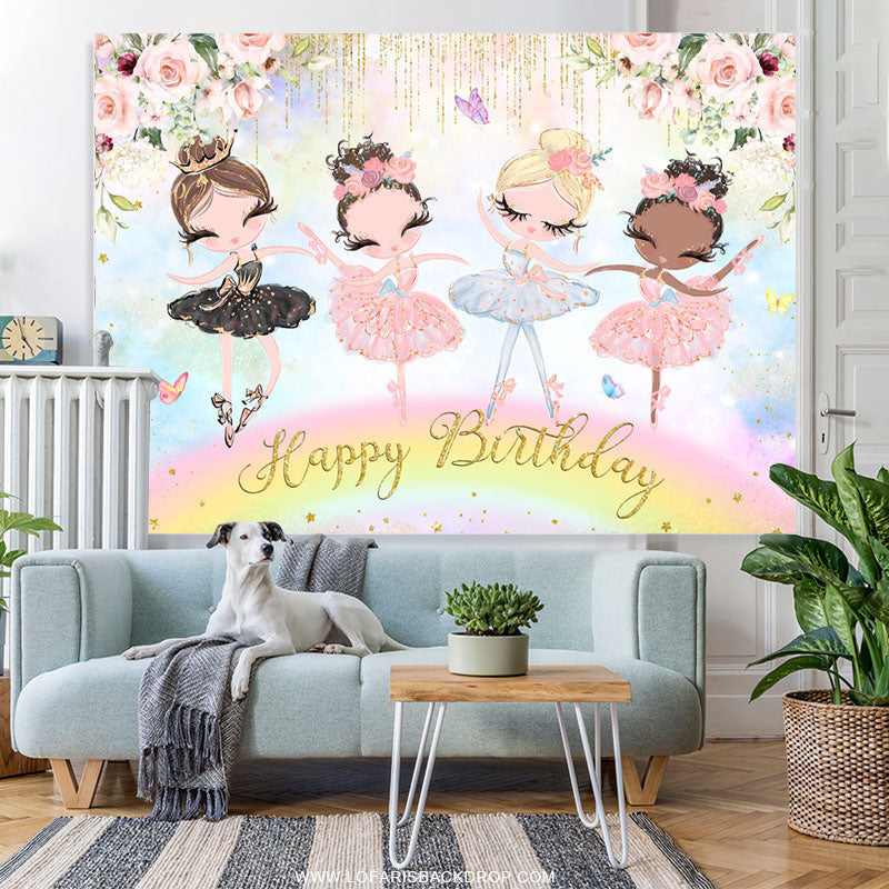 Lofaris Pink Floral Glitter Dance Girl Happy Birthday Backdrop