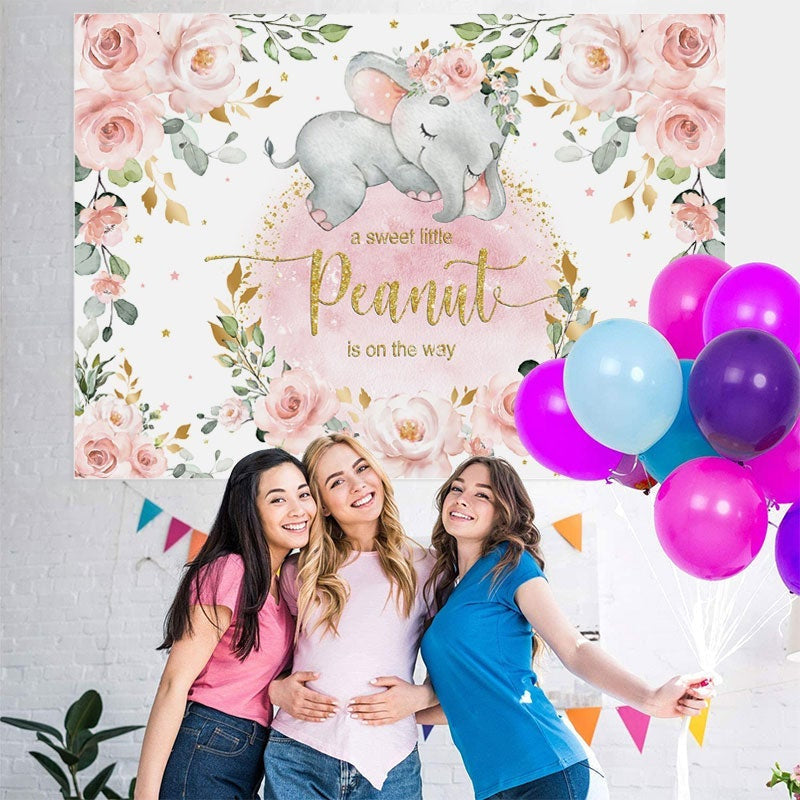 Lofaris Pink Floral Glitter Elephant Theme Baby Shower Backdrop
