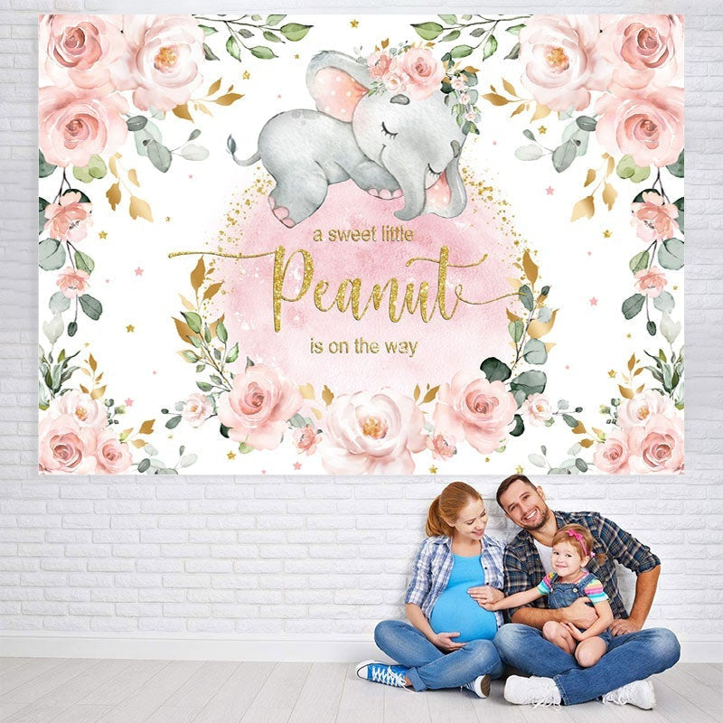 Lofaris Pink Floral Glitter Elephant Theme Baby Shower Backdrop