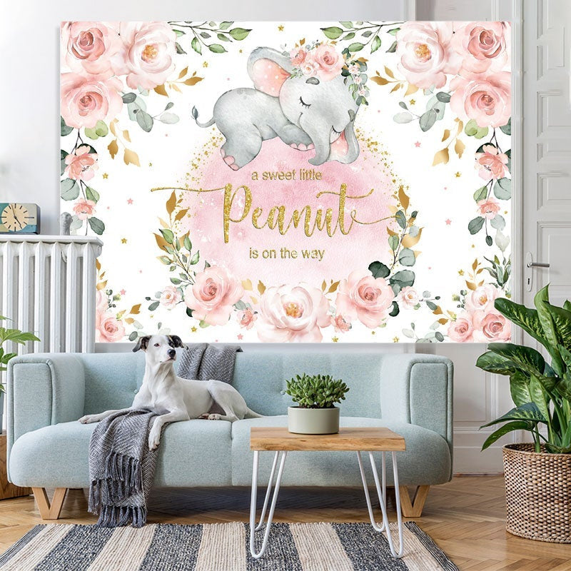Lofaris Pink Floral Glitter Elephant Theme Baby Shower Backdrop