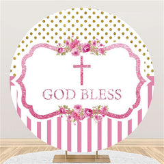 Lofaris Pink Floral Glitter God Bless Round Baby Shower Backdrop