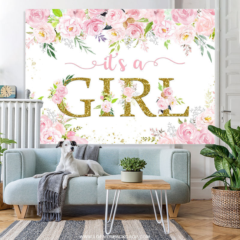 Lofaris Pink Floral Glitter Its A Girl Baby Shower Backdrop