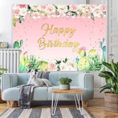 Lofaris Pink Floral Glitter Plant Theme Happy Birthday Backdrop
