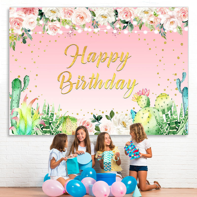 Lofaris Pink Floral Glitter Plant Theme Happy Birthday Backdrop